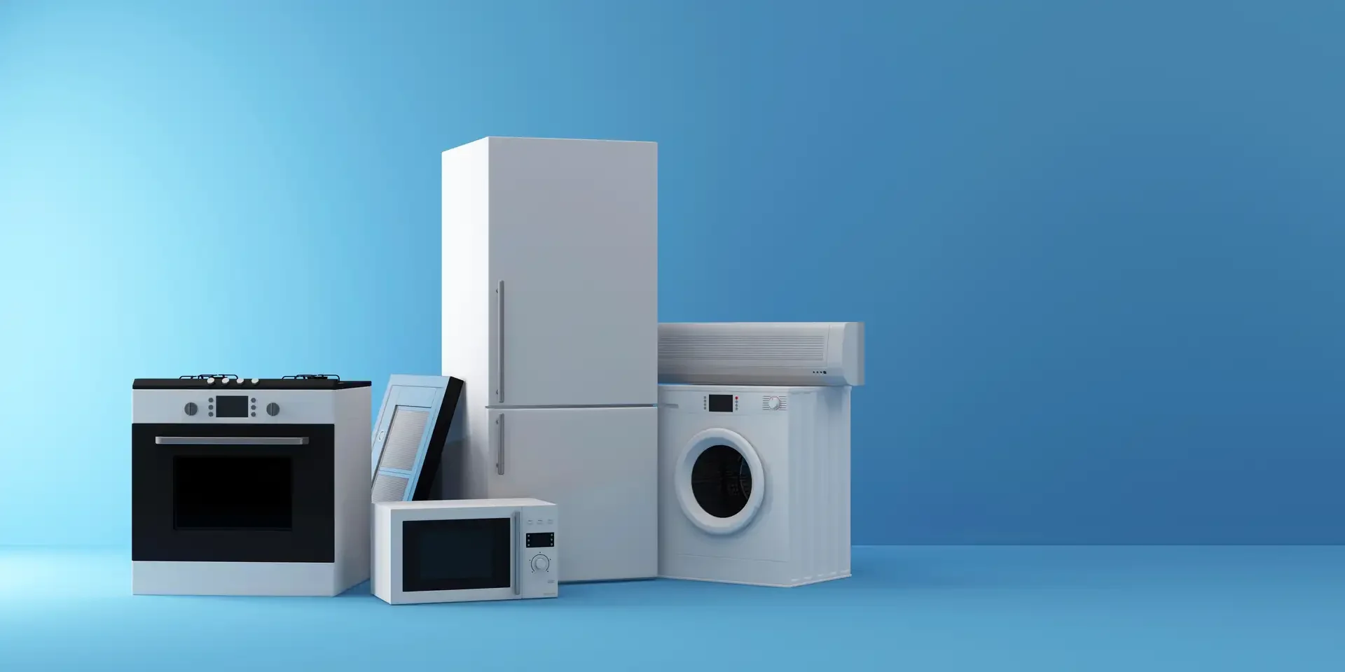Collection of household appliances including refrigerator, stove, washing machine, microwave, air conditioner, and range hood displayed against blue background