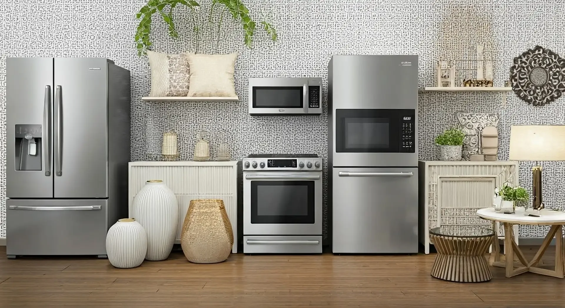 Modern kitchen display featuring stainless steel appliances including French-door refrigerator, electric range, and microwave ovens in showroom setting