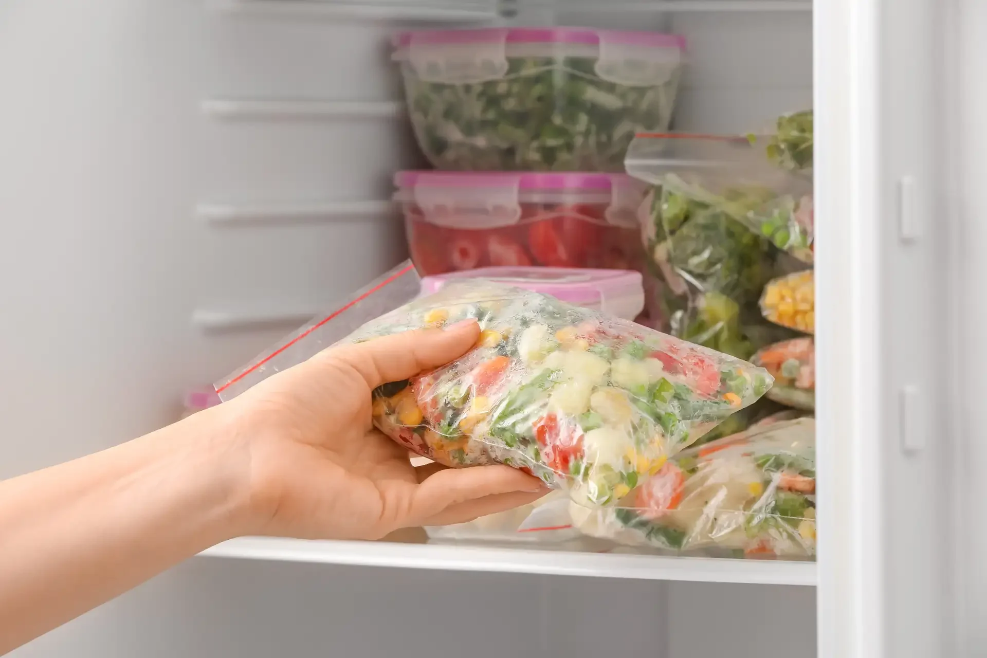 Open refrigerator freezer compartment filled with organized frozen vegetables in ziplock bags and containers, with hand reaching in to grab item