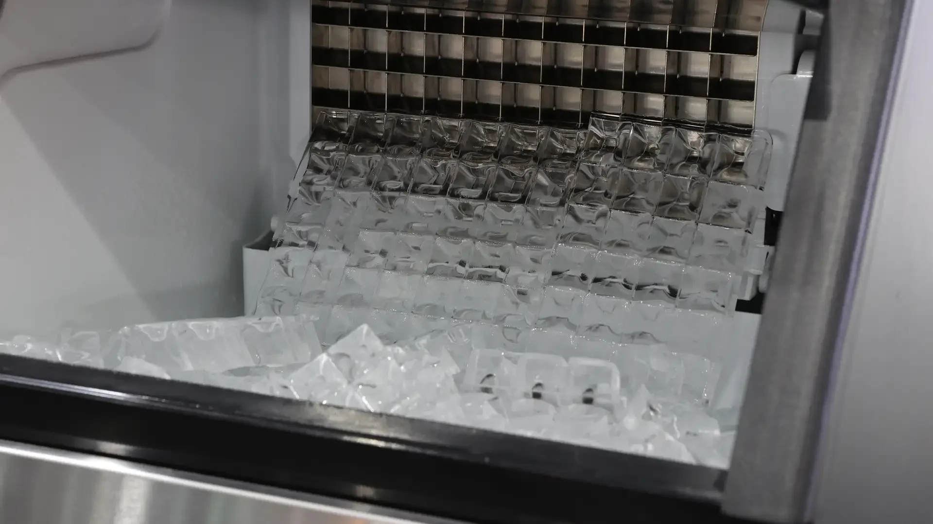 Interior view of refrigerator ice maker compartment showing freshly formed ice cubes on grid tray with accumulated ice in storage bin below
