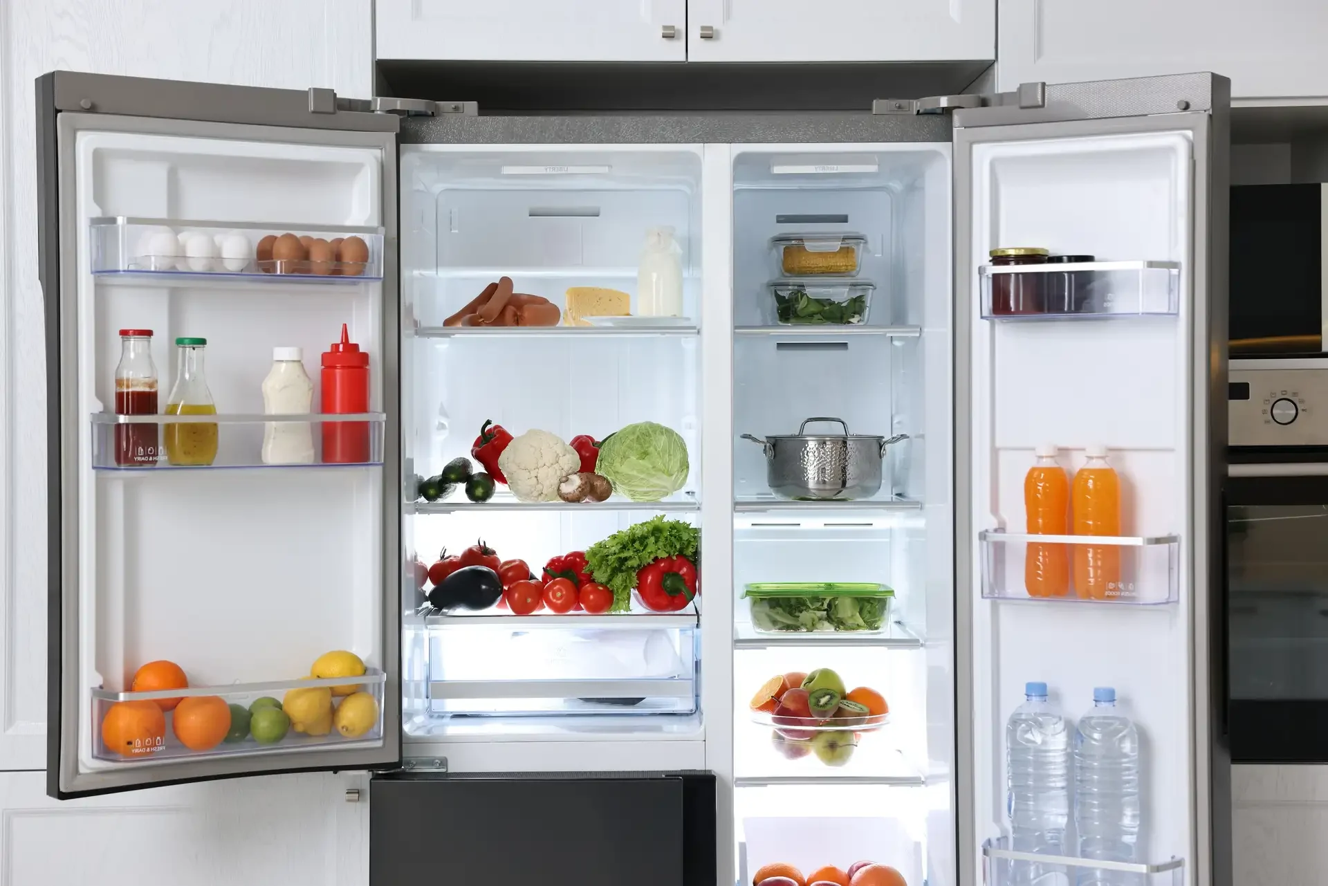 Open side-by-side refrigerator with both doors open, displaying fully stocked shelves with various food items, beverages, and condiments in a clean, organized kitchen setting