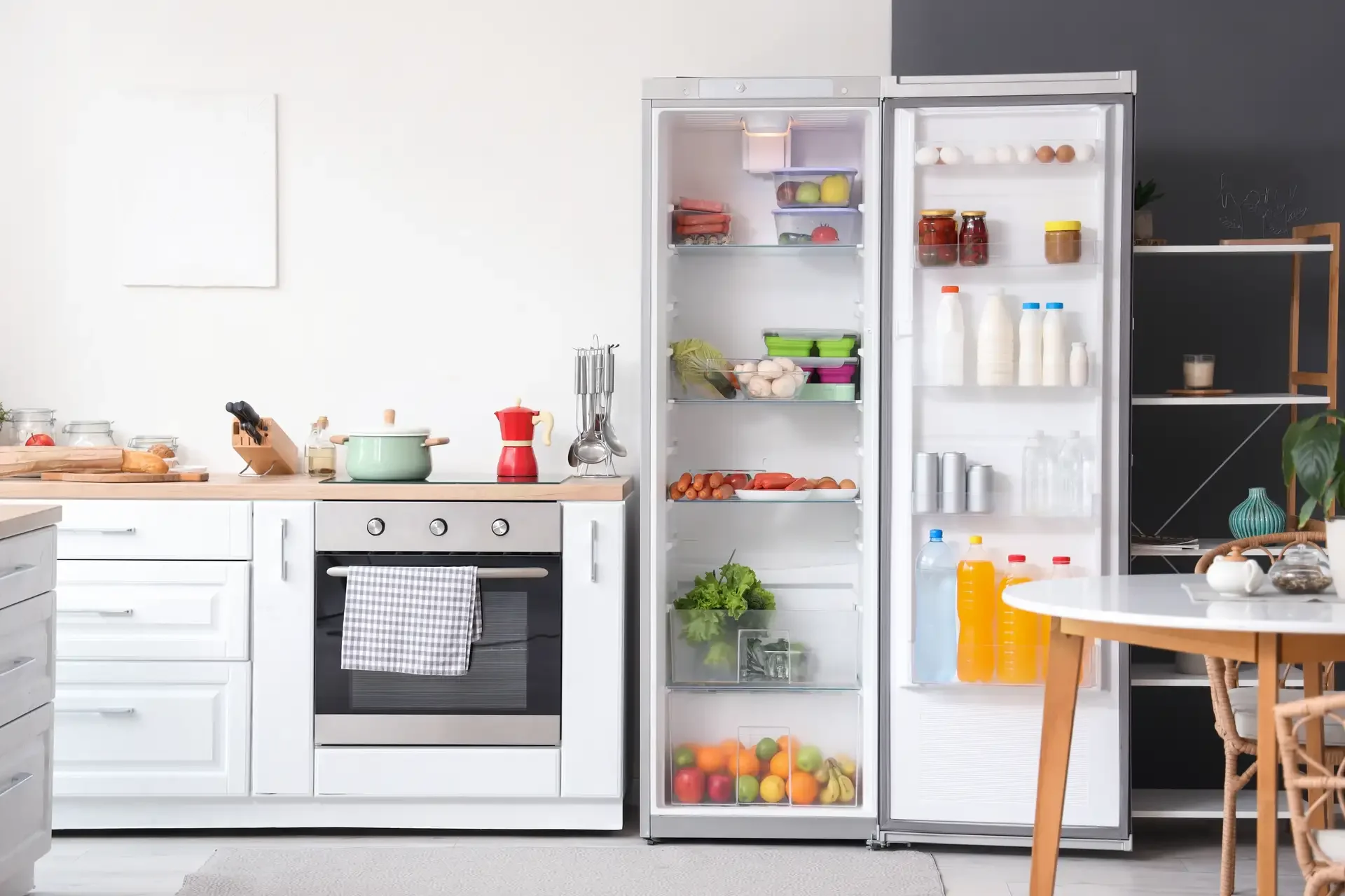 Open refrigerator with organized shelves of fresh produce, dairy, and beverages in modern kitchen setting