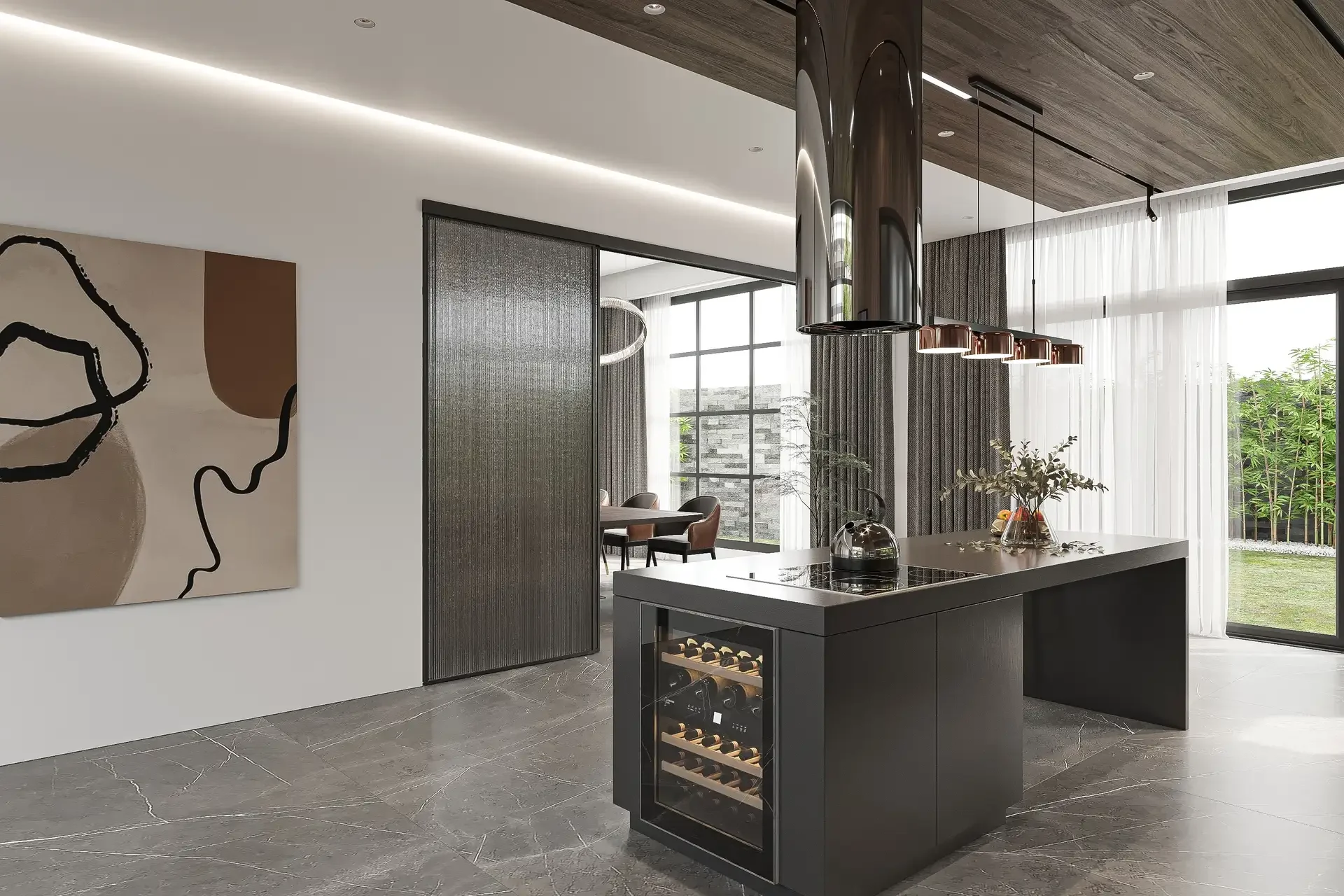 Modern kitchen island with built-in wine cooler displaying bottles behind glass door, black kettle on induction cooktop, pendant lighting overhead